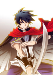 Rule 34 | 1boy, beet the vandel buster, belt, black hair, bracer, brown eyes, cape, gradient background, hand up, highres, holding, holding sword, holding weapon, kaorukan, looking at viewer, male focus, red cape, short hair, simple background, solo, spiked hair, sword, weapon, zenon (beet the vandel buster)