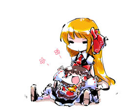 Rule 34 | &gt; &lt;, 2girls, ascot, blonde hair, bow, brown hair, detached sleeves, closed eyes, hair bow, hair ribbon, hair tubes, hakurei reimu, long hair, multiple girls, nyoron (fudegatana), aged up, open mouth, outstretched arms, ribbon, rumia, short hair, sitting, sitting on person, skirt, touhou, white background, aged down