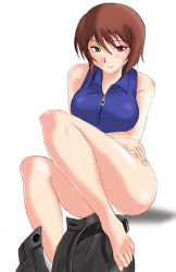 Rule 34 | 00s, aged up, bare shoulders, barefoot, brown hair, casual, green eyes, heterochromia, panties, red eyes, rozen maiden, short hair, solo, souseiseki, striped clothes, striped panties, underwear