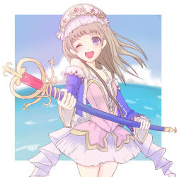 Rule 34 | 1girl, ;d, atelier (series), atelier totori, bad id, bad pixiv id, brown hair, dress, female focus, fire exit, jpeg artifacts, long hair, off shoulder, one eye closed, open mouth, outside border, purple eyes, smile, solo, staff, totooria helmold, wink