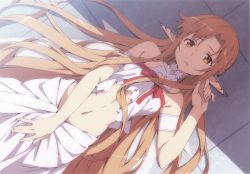 Rule 34 | 10s, 1girl, absurdres, asuna (sao), bare shoulders, brown eyes, brown hair, crop top, dress, ear covers, elf, female focus, fingernails, highres, kanzaki hiro, long hair, long pointy ears, looking at viewer, lying, midriff, navel, on back, open mouth, parted lips, pointy ears, ribbon, scan, solo, sword art online, titania (sao), very long hair