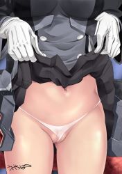 Rule 34 | 10s, 1girl, artist name, breasts, buttons, cameltoe, clothes lift, g-string, gloves, gluteal fold, grey jacket, head out of frame, jacket, kantai collection, lifting own clothes, medium breasts, navel, panties, partially visible vulva, pleated skirt, prinz eugen (kancolle), rigging, signature, skindentation, skirt, skirt lift, solo, thighs, thong, ugeppa, underbust, underwear, white gloves, white panties