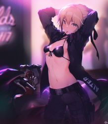 Rule 34 | 1girl, arms behind back, arms up, artoria pendragon (all), artoria pendragon (fate), backlighting, belt, belt buckle, belt pouch, bikini, bikini top only, black bikini, black jacket, black pants, black ribbon, blonde hair, blurry, blurry background, blush, braid, breasts, buckle, character name, cleavage, collarbone, commentary, commentary request, cowboy shot, criss-cross halter, dark, depth of field, english commentary, fate/grand order, fate (series), food, food in mouth, french fries, front-tie bikini top, front-tie top, groin, hair between eyes, hair ribbon, halterneck, holster, jacket, leg belt, legs, light particles, long sleeves, looking at viewer, midriff, motor vehicle, motorcycle, mouth hold, nagu, navel, neon lights, night, open clothes, open jacket, outdoors, pants, pouch, ribbon, saber alter, short hair, sidelocks, signature, small breasts, solo, standing, stomach, swimsuit, thigh holster, wing collar, yellow eyes