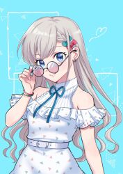 1girl adjusting_eyewear bare_shoulders belt bespectacled black-framed_eyewear blue_background blue_eyes blue_ribbon blush bow bracelet braid braided_bangs breasts closed_mouth cowboy_shot dress earrings frilled_dress frills glasses green_ribbon grey_hair hair_bow hair_ribbon heart highres hisakawa_hayate idolmaster idolmaster_cinderella_girls idolmaster_cinderella_girls_starlight_stage jewelry long_hair looking_at_viewer medium_breasts multiple_bracelets neck_ribbon off-shoulder_dress off_shoulder red_ribbon ribbon round_eyewear shirokoro_(sirokorohrmn) smile solo standing triangle very_long_hair white_belt white_dress