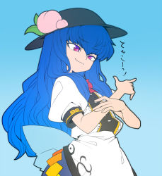 Rule 34 | 1girl, blue background, blue hair, bow, flat color, food, fruit, hat, hinanawi tenshi, light smile, long hair, peach, puffy short sleeves, puffy sleeves, purple eyes, short sleeves, solo, spacezin, touhou, translated