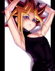 Rule 34 | 1boy, armpits, blonde hair, center opening, closed mouth, looking at viewer, male focus, multicolored hair, purple eyes, sawao, solo, spiked hair, yami yugi, yu-gi-oh!, yu-gi-oh! duel monsters