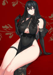 Rule 34 | 1girl, arm support, black dress, black gloves, black hair, breasts, cleavage cutout, closed mouth, clothing cutout, commentary request, covered navel, dress, elbow gloves, gloves, hair between eyes, hayabusa, highres, large breasts, long hair, looking at viewer, mole, mole under eye, mole under mouth, original, purple eyes, red background, signature, sitting, solo, thighs, wavy hair