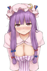 Rule 34 | 1girl, absurdres, blue bow, blue ribbon, blush, bow, breasts, closed mouth, crescent, crescent hat ornament, double bun, dress, hair between eyes, hair bow, hair bun, hat, hat ornament, hat ribbon, highres, long sleeves, looking at viewer, medium breasts, mob cap, patchouli knowledge, pink dress, pink eyes, pink hat, pink sleeves, purple dress, purple hair, red bow, red hair, red ribbon, ribbon, simple background, solo, striped clothes, striped dress, techi (techi35499), touhou, white background