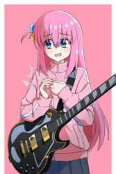 Rule 34 | 1girl, artist name, blue eyes, bocchi the rock!, cube hair ornament, electric guitar, gibson les paul, gotoh hitori, guitar, hair between eyes, hair ornament, highres, instrument, jacket, long hair, long sleeves, looking to the side, nervous, nervous smile, open mouth, pink hair, pink jacket, pink track suit, side ahoge, signature, simple background, skirt, smile, solo, tanny v, track jacket