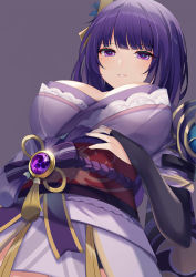 Rule 34 | 1girl, breasts, bridal gauntlets, commentary, from below, genshin impact, hand on own stomach, highres, ikazu401, japanese clothes, kimono, large breasts, looking at viewer, looking down, mitsudomoe (shape), mole, mole under eye, obi, parted lips, purple background, purple eyes, purple hair, purple kimono, raiden shogun, sash, simple background, solo, tomoe (symbol)