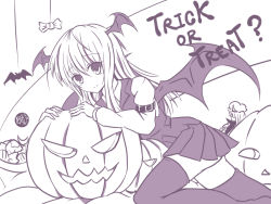 Rule 34 | 2girls, arm belt, artist request, bat (animal), bat wings, black legwear, black skirt, black vest, candy, collared shirt, commentary request, crescent, crescent hat ornament, dress shirt, english text, food, hair between eyes, halloween, hat, hat ornament, head wings, jack-o&#039;-lantern, koakuma, long hair, long sleeves, looking at viewer, mob cap, multiple girls, patchouli knowledge, pumpkin, shirt, sidelocks, simple background, skirt, smile, solo focus, thighhighs, touhou, trick or treat, vest, white background, white shirt, wings, zettai ryouiki