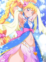Rule 34 | 1girl, armpits, arms up, asahina mirai, blonde hair, bow, braid, cowboy shot, cure miracle, cure miracle (sapphire style), cure miracle sapphire style, earrings, hat, jewelry, long hair, looking at viewer, magical girl, mahou girls precure!, mini hat, mini witch hat, navel, pink bow, pink hat, ponytail, precure, purple eyes, sapphire style, sash, shiny skin, skirt, smile, solo, sparkle, tj-type1, witch hat
