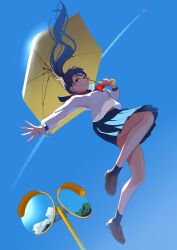 Rule 34 | 1girl, absurdres, aircraft, airplane, black hair, blue eyes, blue skirt, blue sky, contrail, day, grin, highres, holding, holding umbrella, jumping, long hair, midair, mirror, nap on a cloud, neckerchief, original, outdoors, outstretched arm, ponytail, red neckerchief, reflection, school uniform, serafuku, skirt, sky, smile, solo, traffic mirror, umbrella