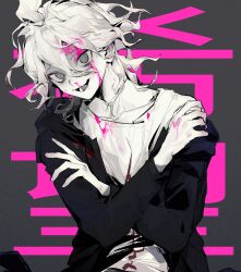 Rule 34 | 1boy, @ @, arm hug, black jacket, bleeding, bleeding from forehead, blood, blood on clothes, blood on face, blood on hands, collarbone, colored skin, danganronpa (series), danganronpa 2: goodbye despair, greyscale with colored background, head tilt, highres, hood, hood down, hooded jacket, jacket, komaeda nagito, looking at viewer, messy hair, monochrome, nervous smile, nosebleed, off-shoulder jacket, off shoulder, open mouth, self hug, shirt, smile, solo, spot color, tallplaycold, upper body, wavy hair, white hair, white shirt, white skin
