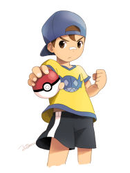 Rule 34 | 10s, 1boy, artist name, bandaid, bandaid on face, bandaid on nose, baseball cap, brown eyes, brown hair, cowboy shot, creatures (company), game freak, gen 3 pokemon, hat, looking at viewer, male focus, nintendo, noeyebrow (mauve), npc trainer, poke ball, pokemon, pokemon (creature), pokemon oras, sableye, short hair, shorts, simple background, solo, white background, youngster (pokemon)