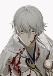 Rule 34 | 1boy, absurdres, blood, blood on clothes, blood on face, expressionless, highres, hood, japanese clothes, kimono, looking at viewer, male focus, murasaki500, pale skin, solo, touken ranbu, tsurumaru kuninaga, upper body, white background, white hair, yellow eyes