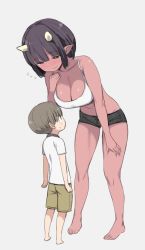 Rule 34 | 1boy, 1girl, age difference, bad id, bad twitter id, barefoot, black hair, blush, breasts, child, cleavage, colored skin, dark skin, flying sweatdrops, full body, height difference, horns, inactive account, large breasts, looking at another, nora higuma, onee-shota, oni, oni horns, original, red skin, short hair, short shorts, shorts, simple background, size difference, smile, standing, sweatdrop, you gonna get raped