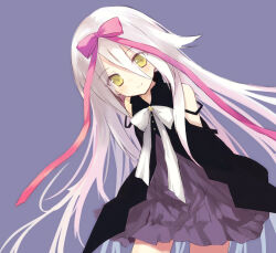 Rule 34 | 1girl, arms behind back, bare shoulders, black dress, blush, bow, closed mouth, commentary, cowboy shot, dress, eyes visible through hair, hair between eyes, hair bow, hair ribbon, hoshizora no memoria, leaning forward, long hair, long ribbon, looking at viewer, mare s. ephemeral, nagesuteaka, pink bow, pink ribbon, purple background, ribbon, short dress, simple background, smile, solo, split mouth, standing, very long hair, white bow, white hair, yellow eyes