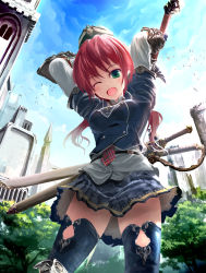 Rule 34 | 1girl, armor, armored boots, arms up, black skirt, boots, green eyes, highres, holding, holding sword, holding weapon, kouji (astral reverie), long hair, looking at viewer, one eye closed, open mouth, original, pleated skirt, red hair, skirt, solo, sword, thighhighs, weapon