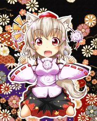 Rule 34 | 1girl, animal ears, bad id, bad pixiv id, chickenman, detached sleeves, fang, female focus, flower, fork, hat, inubashiri momiji, red eyes, sitting, skirt, solo, spoon, tail, tokin hat, touhou, wolf ears, wolf tail