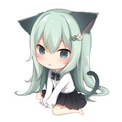 Rule 34 | 1girl, :o, amashiro natsuki, animal ears, arm support, bad id, bad pixiv id, barefoot, between legs, black bow, black skirt, blush, bow, cat ears, cat girl, cat tail, chibi, collared shirt, commentary request, flower, full body, green eyes, green hair, hair between eyes, hair flower, hair ornament, hand between legs, long hair, long sleeves, looking at viewer, original, parted lips, pleated skirt, puffy long sleeves, puffy sleeves, shirt, simple background, sitting, skirt, solo, tail, very long hair, wariza, white background, white flower, white shirt