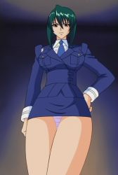 Rule 34 | 00s, 1girl, arm at side, blue necktie, breasts, character request, collared shirt, cowboy shot, dress shirt, facing viewer, gradient background, green hair, hand on own hip, highres, kamyla, large breasts, legs together, long hair, necktie, panties, pantyshot, pink panties, police, police uniform, policewoman, screencap, shirt, simple background, solo, standing, underwear, uniform, white shirt, wing collar