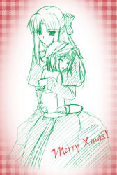 Rule 34 | 00s, 2girls, arcueid brunestud, blunt bangs, christmas, closed eyes, cowboy shot, dress, english text, green theme, half updo, holding, len (tsukihime), long hair, long sleeves, looking at viewer, merry christmas, monochrome, multiple girls, parted bangs, pointy ears, sack, short hair, sidelocks, simple background, sleeping, sleeping upright, smile, text focus, tsukihime