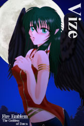 Rule 34 | 1girl, ass, bare shoulders, black hair, black wings, breasts, character name, copyright name, covered erect nipples, fire emblem, fire emblem: radiant dawn, green eyes, hissaa (starlight express), laguz (race), medium breasts, nintendo, pointy ears, solo, strapless, vika, wings