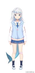 Rule 34 | 1girl, amashiro natsuki, ascot, bandaid, bandaid on knee, bandaid on leg, black socks, blue ascot, blue eyes, blue hair, blue jacket, blue skirt, blush, closed mouth, commentary request, drawstring, fins, fish tail, full body, gawr gura, gawr gura (school uniform), grey hair, hair ornament, hairclip, highres, hololive, hololive english, hood, hood down, hooded jacket, jacket, long hair, long sleeves, looking at viewer, multicolored hair, official art, one side up, pleated skirt, puffy long sleeves, puffy sleeves, rabbit hair ornament, shark tail, shirt, shoes, simple background, skirt, sleeveless, sleeveless jacket, sleeves past wrists, smile, socks, solo, standing, streaked hair, tail, virtual youtuber, white background, white footwear, white shirt