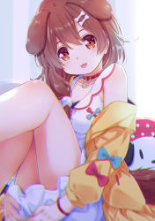 Rule 34 | 1girl, 54hao, :3, :d, animal ears, bare shoulders, blue bow, bone hair ornament, bow, brown eyes, brown hair, cartoon bone, collar, collarbone, dog ears, dog girl, dog tail, dress, feet out of frame, hair between eyes, hair ornament, head tilt, highres, hololive, inugami korone, inugami korone (1st costume), jacket, knees up, long hair, looking at viewer, off shoulder, open clothes, open jacket, open mouth, red bow, red collar, sleeveless, sleeveless dress, smile, solo, tail, virtual youtuber, white dress, yellow jacket