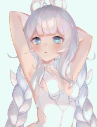 Rule 34 | 1girl, absurdres, animal ear fluff, animal ears, armpits, arms up, azur lane, beebby88, blue eyes, braid, breasts, covered navel, fake animal ears, highres, le malin (azur lane), le malin (listless lapin) (azur lane), leotard, long braid, long hair, looking at viewer, official alternate costume, playboy bunny, rabbit ears, simple background, small breasts, solo, symbol-shaped pupils, upper body, white background, white hair, white leotard