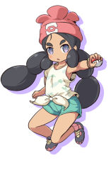 Rule 34 | 1girl, beanie, black footwear, black hair, blush, colored shadow, cosplay, creatures (company), drop shadow, food print, full body, game freak, green shorts, hapu (pokemon), hat, holding, holding poke ball, island kahuna, long hair, looking at viewer, low twintails, nekono rin, nintendo, outstretched arm, parted lips, poke ball, poke ball (basic), pokemon, pokemon sm, print shirt, purple eyes, red hat, selene (pokemon), selene (pokemon) (cosplay), shadow, shirt, shoes, short sleeves, shorts, solo, thick eyebrows, twintails, very long hair, white background, white shirt