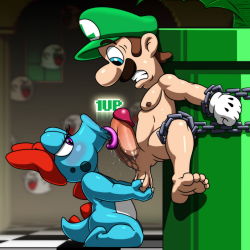 Rule 34 | 1boy, 1girl, 1up, androgynous, barefoot, bdsm, birdo, blue eyes, blush, boo (mario), brown hair, caressing testicles, chain, clenched teeth, erection, fellatio, forced, gloves, gradient background, hat, hetero, interspecies, lawgick, licking, luigi, mario (series), monster, monster girl, naughty face, nintendo, nude, open mouth, oral, penis, plant, purple eyes, saliva, short hair, smoking pipe, soles, spread legs, super mario bros. 1, teeth, testicles, toes, tongue, tongue out, warp pipe