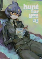 Rule 34 | 1girl, anabel (pokemon), black gloves, creatures (company), formal, game freak, gloves, long hair, looking at viewer, low ponytail, necktie, nintendo, pokemon, pokemon sm, purple eyes, purple hair, reading, reclining, reverse trap, smile, solo, suit, woofycakes