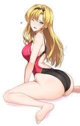 Rule 34 | 1girl, ass, back, bare shoulders, barefoot, black one-piece swimsuit, blonde hair, blue eyes, blush, breasts, competition swimsuit, feet, granblue fantasy, hair down, hair intakes, hairband, halcon, heart, highleg, highleg swimsuit, highres, large breasts, legs, long hair, looking at viewer, one-piece swimsuit, one eye closed, open mouth, red one-piece swimsuit, simple background, sitting, smile, solo, swimsuit, two-tone swimsuit, wariza, white background, zeta (granblue fantasy)