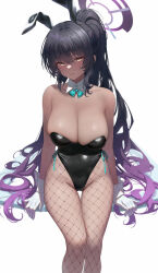 Rule 34 | 1girl, absurdres, animal ears, bare shoulders, black hair, black hairband, black leotard, blue archive, blue bow, blue bowtie, blush, bow, bowtie, breasts, cleavage, closed mouth, collarbone, curvy, dark-skinned female, dark skin, detached collar, fake animal ears, fishnet pantyhose, fishnets, gloves, hair spread out, hairband, halo, high ponytail, highleg, highleg leotard, highres, karin (blue archive), karin (bunny) (blue archive), large breasts, leotard, long hair, looking at viewer, mochirong, official alternate costume, pantyhose, playboy bunny, ponytail, rabbit ears, revision, shiny clothes, shiny skin, side-tie leotard, sitting, solo, strapless, strapless leotard, thigh gap, traditional bowtie, very long hair, white gloves, wide hips, yellow eyes