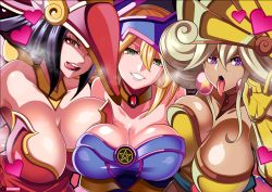Rule 34 | 3girls, :d, apple magician girl, armpits, asymmetrical docking, bare shoulders, black hair, blonde hair, blush, breast press, breasts, brown eyes, choker, dark-skinned female, dark magician girl, dark skin, duel monster, earrings, elbow gloves, fellatio gesture, gloves, green eyes, grin, hair between eyes, hat, heart, highres, jewelry, large breasts, lemon magician girl, long hair, looking at viewer, medium hair, multiple girls, naughty face, open mouth, pentacle, platinum blonde hair, purple eyes, sidelocks, smile, steve chopz, strapless, tongue, tongue out, upper body, wizard hat, yu-gi-oh!
