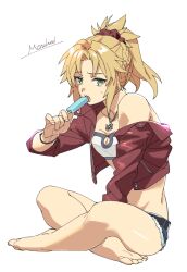 Rule 34 | 1girl, bare legs, barefoot, belt, black belt, blonde hair, breasts, character name, cropped jacket, fate/apocrypha, fate (series), fur-trimmed shorts, fur trim, holding, indian style, jacket, jewelry, long sleeves, lunapont, medium hair, mordred (fate), mordred (fate/apocrypha), necklace, open clothes, open jacket, parted bangs, ponytail, red jacket, shorts, single bare shoulder, sitting, small breasts, solo