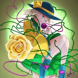 Rule 34 | 1girl, absurdres, artist name, blue footwear, boots, bright background, buttons, center frills, crystal, floral print, flower, frilled sleeves, frills, glowing, green background, green eyes, green skirt, hat, hat ribbon, highres, izha (seisfleur), komeiji koishi, light smile, long sleeves, plant, ribbon, rose, shirt, short hair, skirt, solo, string, third eye, touhou, vines, white hair, wide sleeves, yellow flower, yellow ribbon, yellow rose, yellow shirt