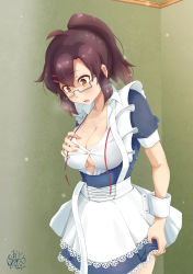 Rule 34 | 1girl, absurdres, ahoge, alternate costume, apron, black-framed eyewear, blush, breasts, brown hair, cleavage, collarbone, commentary, commentary request, enmaided, glasses, hair ornament, hairclip, hand on own chest, highres, island lagoon, kouenji (sewayaki kitsune no senko-san), large breasts, lips, long hair, maid, maid apron, maid headdress, open mouth, ponytail, sewayaki kitsune no senko-san, solo, surprised, sweat, waist apron