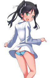Rule 34 | 1girl, :d, a9b (louis814), ass, black hair, blush, butt crack, fang, francesca lucchini, from behind, green eyes, hair ribbon, long hair, long sleeves, looking back, open mouth, panties, ribbon, smile, solo, strike witches, striped clothes, striped panties, twintails, underwear, world witches series