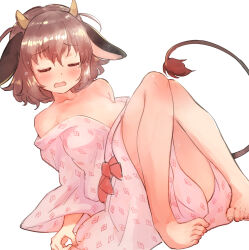 Rule 34 | 1girl, animal ears, bare shoulders, barefoot, blush, brown hair, closed eyes, collarbone, cow ears, cow girl, cow horns, cow tail, facing viewer, highres, holmy (show by rock!!), horns, japanese clothes, kimono, knees up, long sleeves, nyama, off shoulder, open mouth, show by rock!!, simple background, solo, tail, wavy mouth, white background, white kimono, wide sleeves