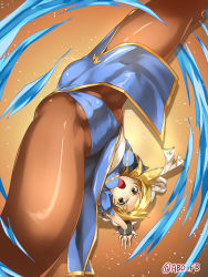 Rule 34 | 1girl, abo (hechouchou), blonde hair, blue dress, bracelet, breasts, brown pantyhose, cameltoe, capcom, china dress, chinese clothes, chun-li, chun-li (cosplay), cleft of venus, cosplay, crotch, djeeta (granblue fantasy), double bun, dress, granblue fantasy, hair bun, highres, jewelry, kicking, legs, panties, pantyhose, pelvic curtain, short hair, small breasts, solo, spiked bracelet, spikes, spread legs, street fighter, thick thighs, thighs, underwear, upside-down