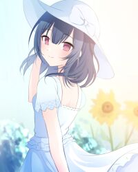 Rule 34 | 1girl, arm up, back, black hair, blurry, blurry background, blush, closed mouth, dot nose, dress, flower, hair between eyes, hat, idolmaster, idolmaster shiny colors, irohvs, looking at viewer, looking back, morino rinze, red eyes, short hair, short sleeves, smile, solo, summer, sun hat, sunflower, sunlight, white dress