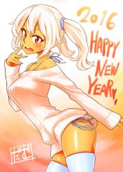 Rule 34 | 10s, 1girl, 2016, blonde hair, damu ningen, happy new year, highres, new year, off shoulder, original, panties, red eyes, ribbed sweater, scrunchie, short twintails, side-tie panties, skindentation, solo, sweater, tan, thighhighs, twintails, underwear