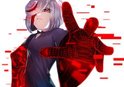 Rule 34 | 1girl, aged up, black shirt, cang she, commentary, english commentary, glitch, hair over one eye, looking at viewer, looking down, red eyes, sage (sonic), shirt, short hair, simple background, solo, sonic (series), sonic frontiers, upper body, white background, white hair, wide sleeves