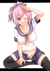 Rule 34 | 10mk, 10s, 1girl, ;d, aoba (kancolle), black thighhighs, blush, breasts, cleavage, female pubic hair, highres, kantai collection, large breasts, letterboxed, one eye closed, open mouth, pink hair, ponytail, pubic hair, purple eyes, salute, school uniform, serafuku, short hair, short sleeves, shorts, simple background, smile, solo, thighhighs, unzipped, white background