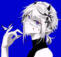 Rule 34 | 1boy, animal ears, bishounen, blue eyes, bug, butterfly, butterfly on hand, butterfly on nose, eyeshadow, fake animal ears, hair ornament, hairclip, highres, indie virtual youtuber, insect, makeup, male focus, monochrome, partially colored, red eyeshadow, solo, virtual youtuber, whale taylor, xxjjww5