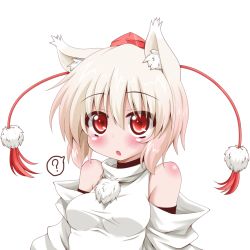 Rule 34 | 1girl, ?, animal ears, bare shoulders, blush, breasts, detached sleeves, hat, hat ribbon, inubashiri momiji, looking at viewer, oden (th-inaba), open mouth, red eyes, ribbon, silver hair, simple background, solo, spoken question mark, tokin hat, touhou, upper body, white background, wolf ears