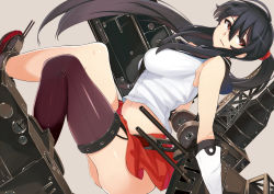 Rule 34 | 10s, 1girl, black hair, blush, breasts, brown eyes, gloves, kantai collection, large breasts, long hair, looking at viewer, midriff, miniskirt, navel, personification, ponytail, red eyes, single thighhigh, skirt, solo, thighhighs, wakamesan, white gloves, yahagi (kancolle)